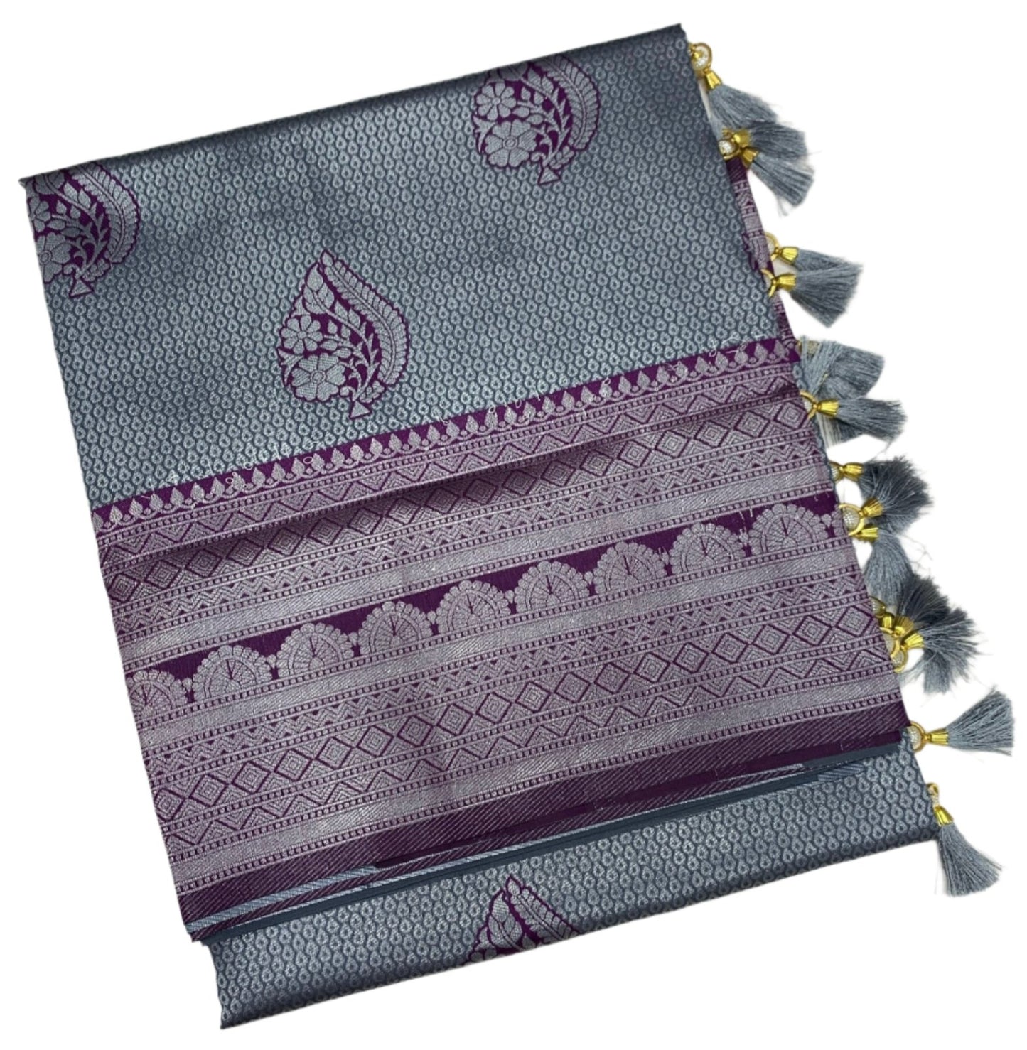 Art Silk Saree Gray Colour with Magenta Border