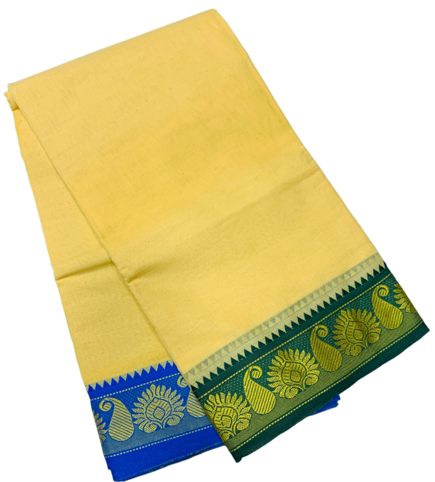 9X5 Cotton Dhoti Sandal Colour with Green and Blue Border