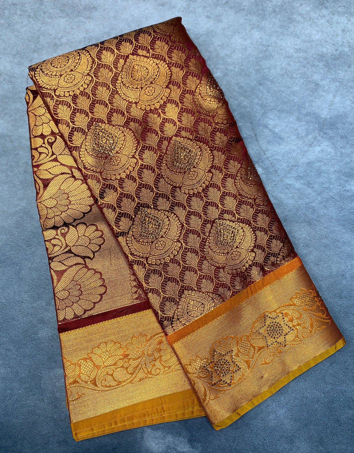 Vegan Silk Saree Brown Colour with Copper and Golden Yellow Border