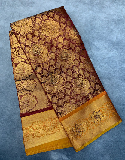 Vegan Silk Saree Brown Colour with Copper and Golden Yellow Border