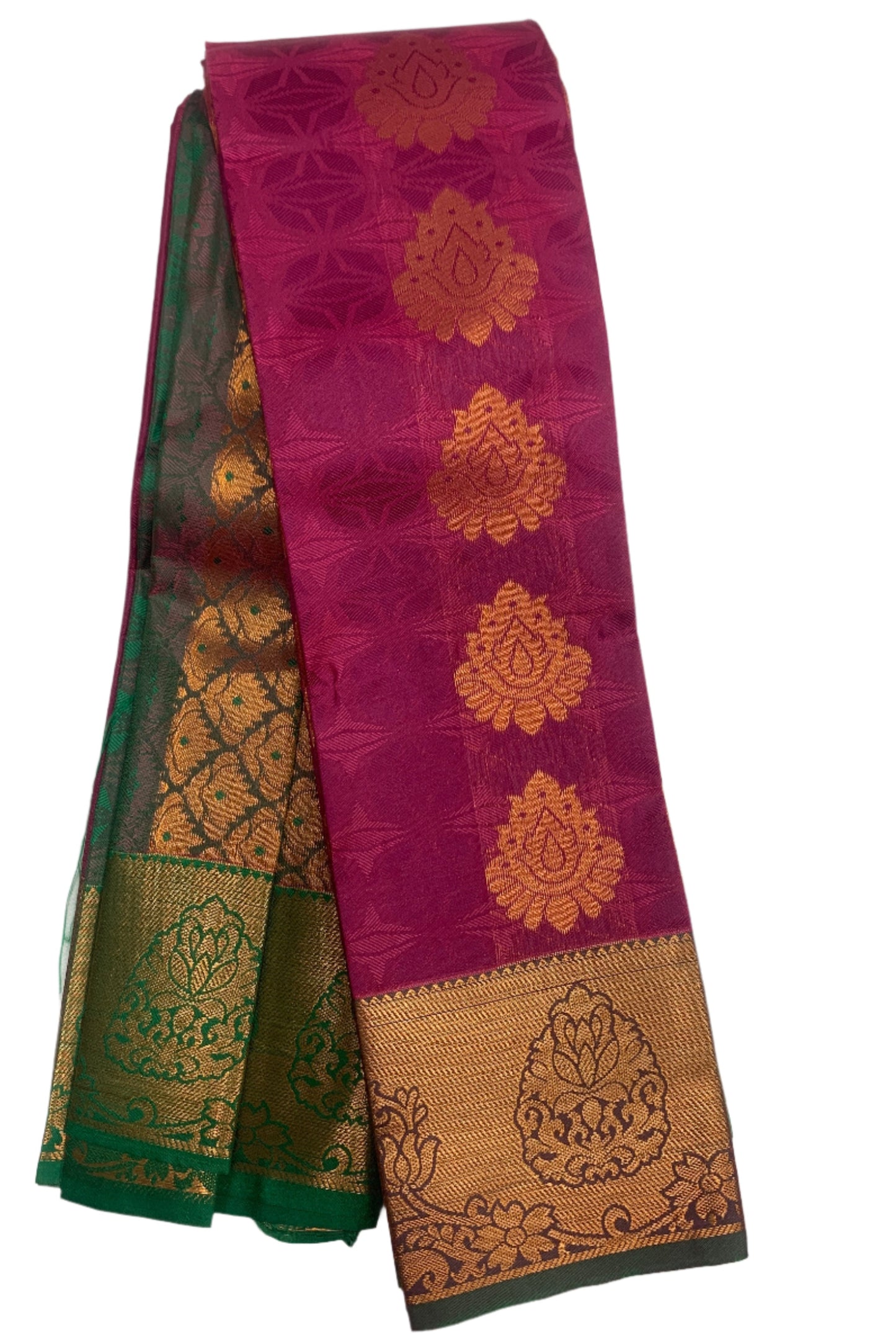 Vegan Silk Saree Magenta shade with Copper and Green Border