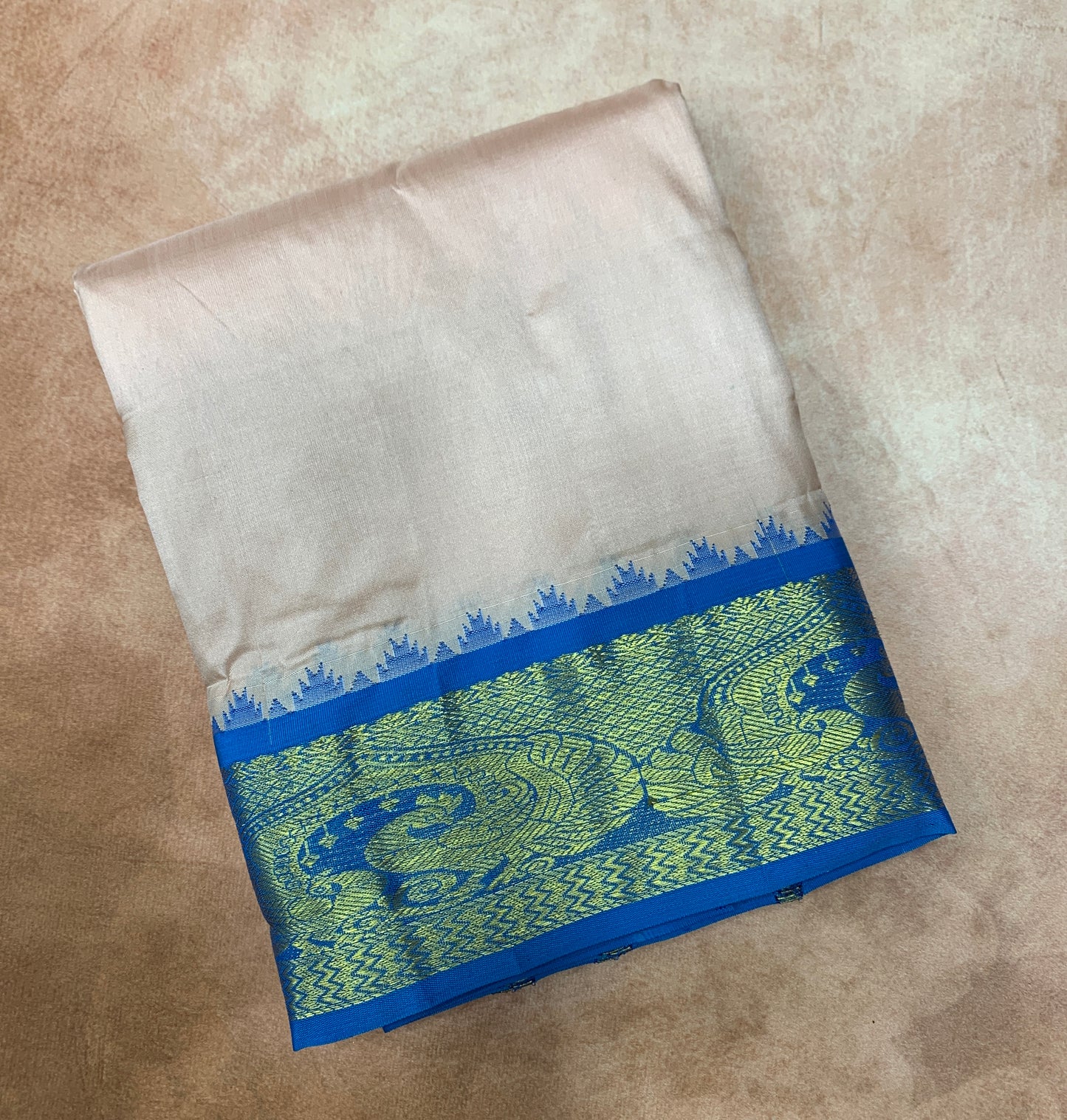 9X5 Pure Silk Dhoti Peach Colour with Sky Blue and Brown Ganga Jamuna Border