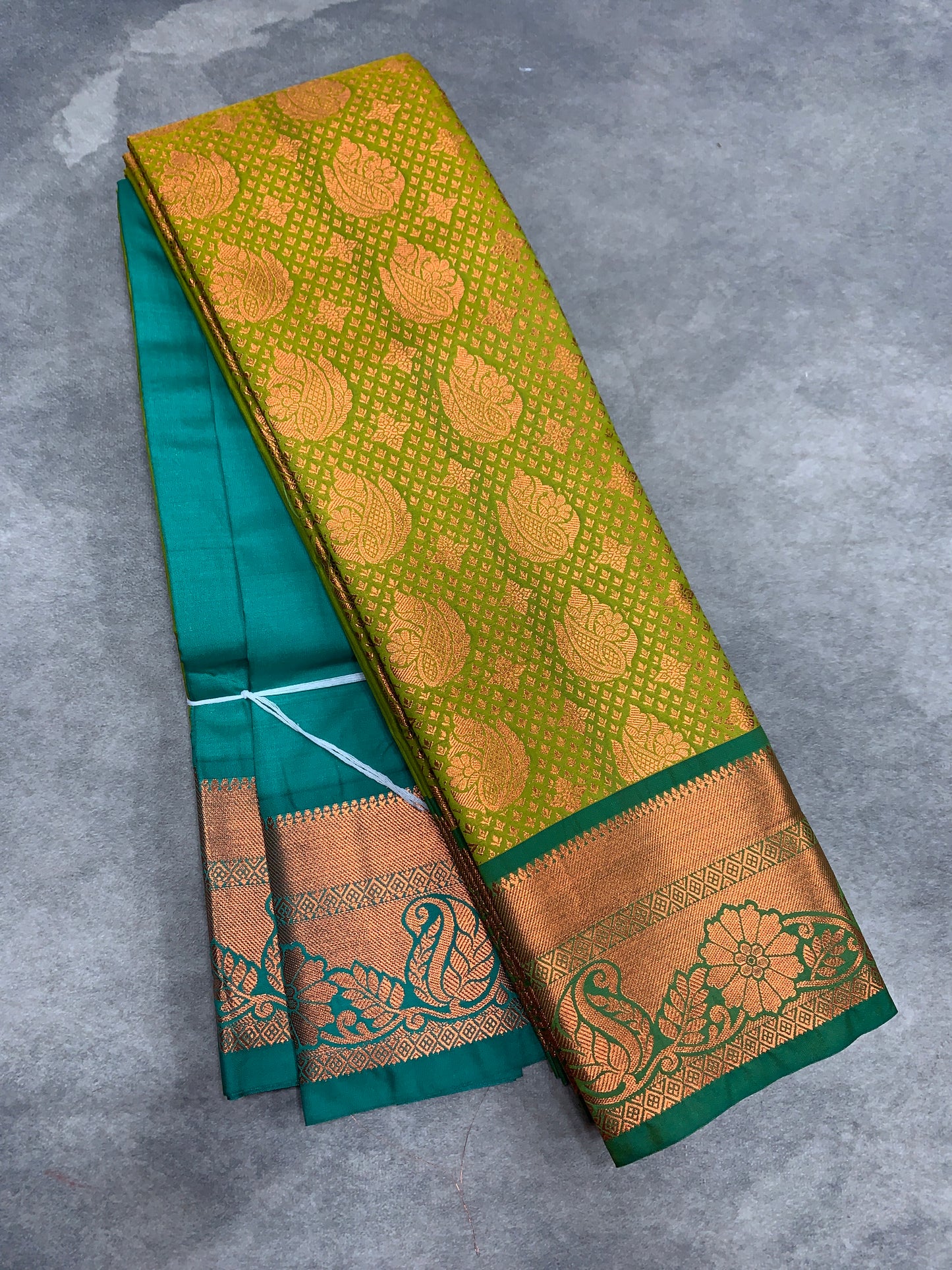 Vegan Silk Saree Lime Green Colour with Green and Copper Border