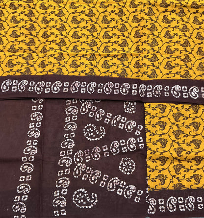 Chettinad Sungudi Cotton Mustard Colour with Brown Colour Border