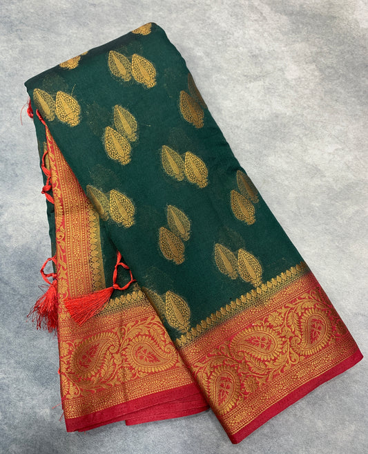 Crepe Saree Green Colour with Maroon Border