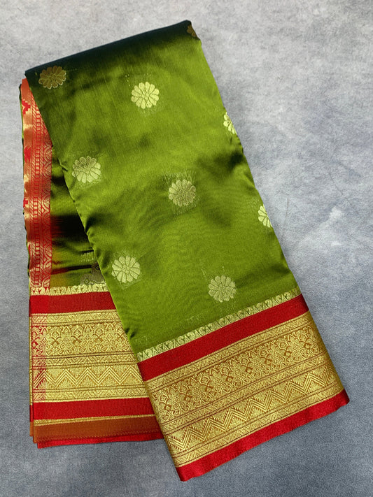 Olive Green shade saree with Golden and Red Border