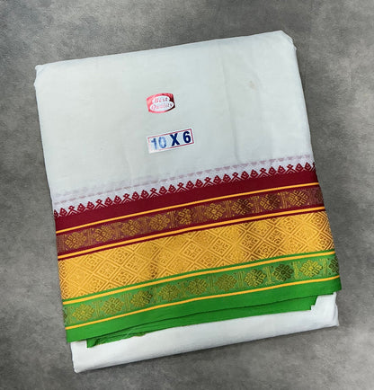 10X6 Cotton Dhoti White Colour with Yellow,Red and LightGreen Border