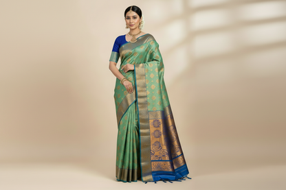 Vegan Silk Saree Sapphire Colour with Copper and Blue Border