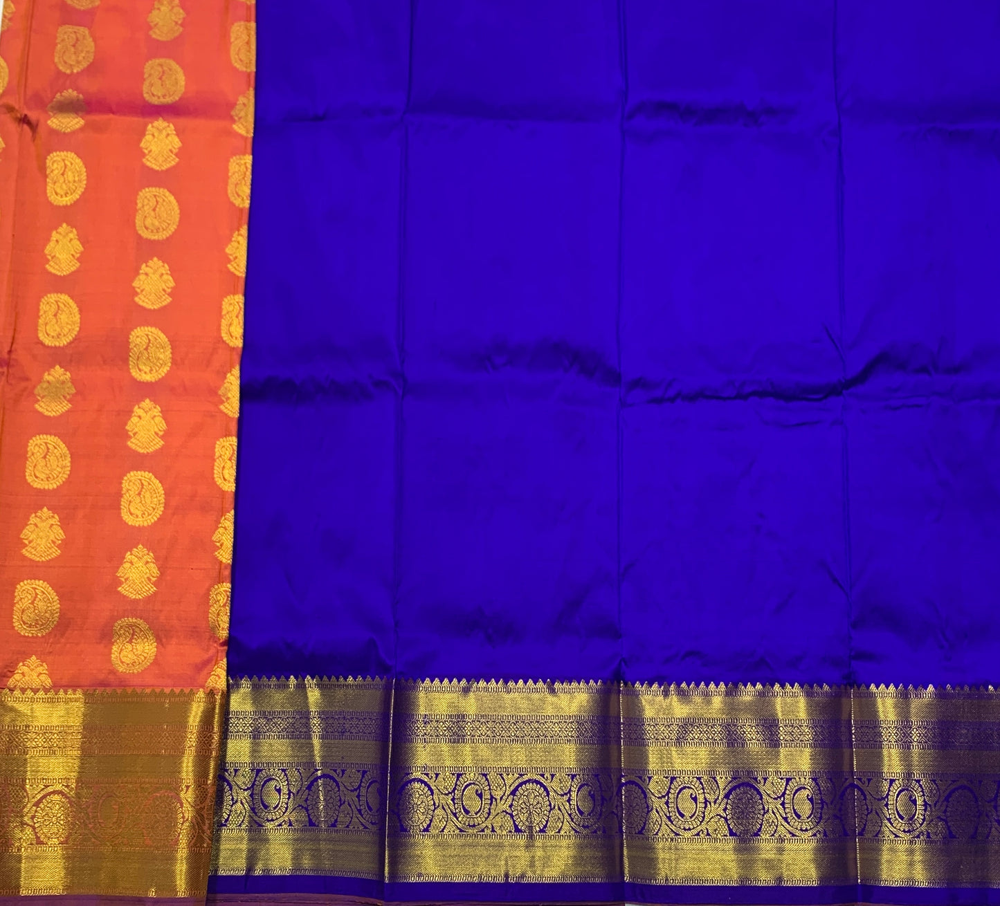 Dual Shade Pure Kanchipuram Kids Pattu Pavadai with Contrast border for age 2 to 5