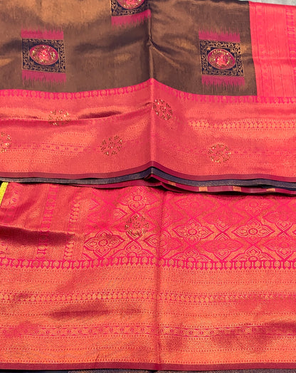 Art Silk Saree Navy Blue Colour and Stone Work with Pink Border