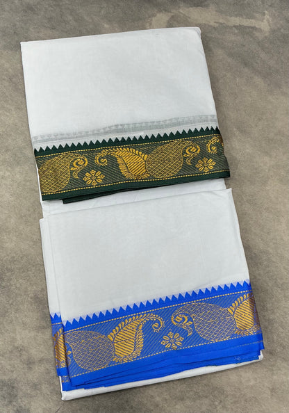 9X6 Cotton Dhoti White Colour with Green and Sky Blue Border with Angavastram