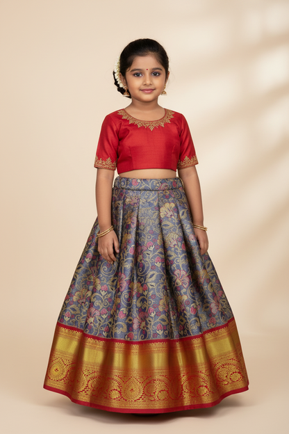 Lavender and Blue Shade Vegan Silk Kids Pattu Pavadai with Contrast border for age 2 to 5