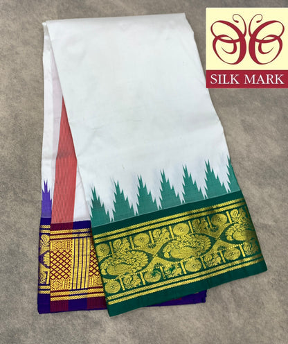 6 Mulam Silk Pooja Towel White Colour with Ganga Jamuna Korvai Border