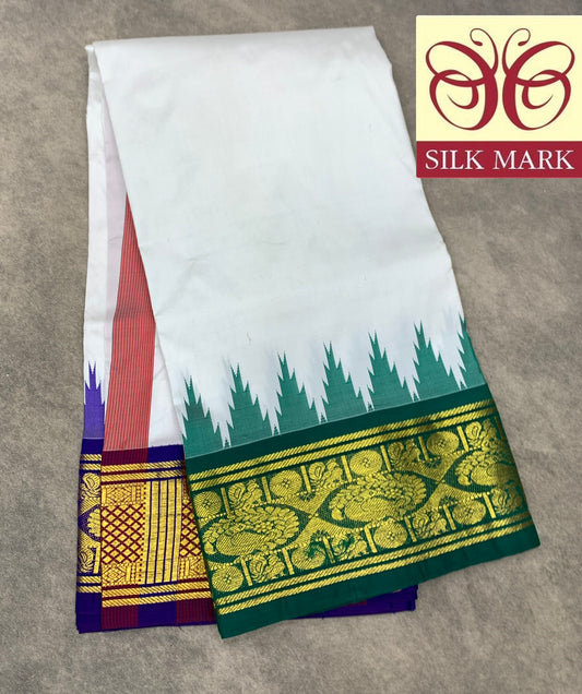 6 Mulam Silk Pooja Towel White Colour with Ganga Jamuna Korvai Border