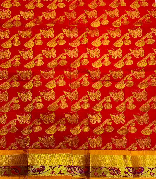 Red Shade Vegan Silk Kids Pattu Pavadai with contrast border for newborn to 2 Years