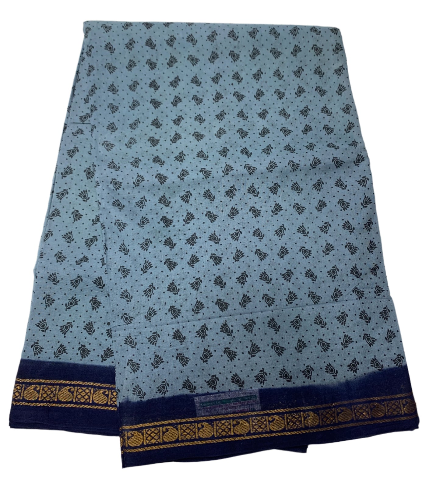 9 yards Cotton Saree Gray with Navy Blue Border