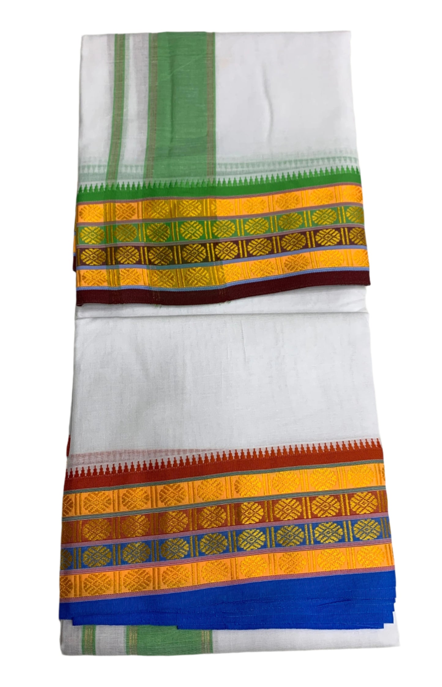 9X5 Cotton Dhoti White Colour with Yellow, Brown and Green Border