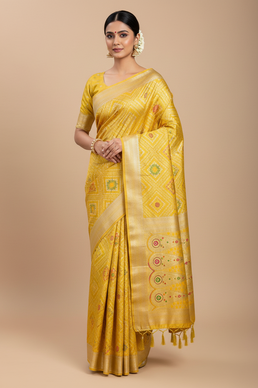 Banaras Soft Silk Saree Mustard Colour with Sliver Colour Floral Design Border