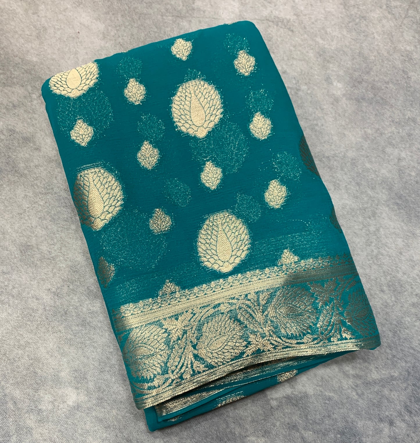Georgette Saree Rama Green Colour with Sliver Floral Design Border