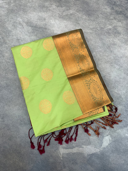 Soft Vegan Silk Saree Pista Green Colour with Copper Border