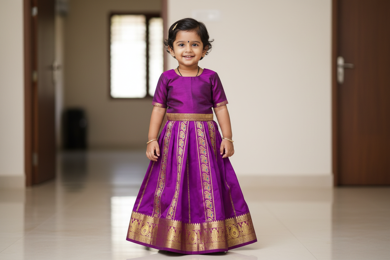 Magenta shade Semi silk Kids Pattu Pavadai with Contrast border for age 5 to 10