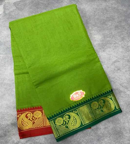 9X5 Cotton Dhoti Light Green Colour with Green and Red Border