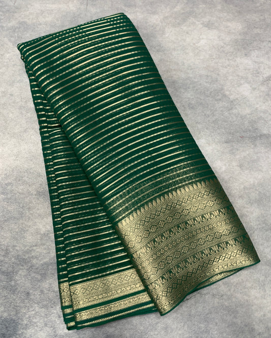 Georgette Saree Green Colour with Sliver Floral Design Border