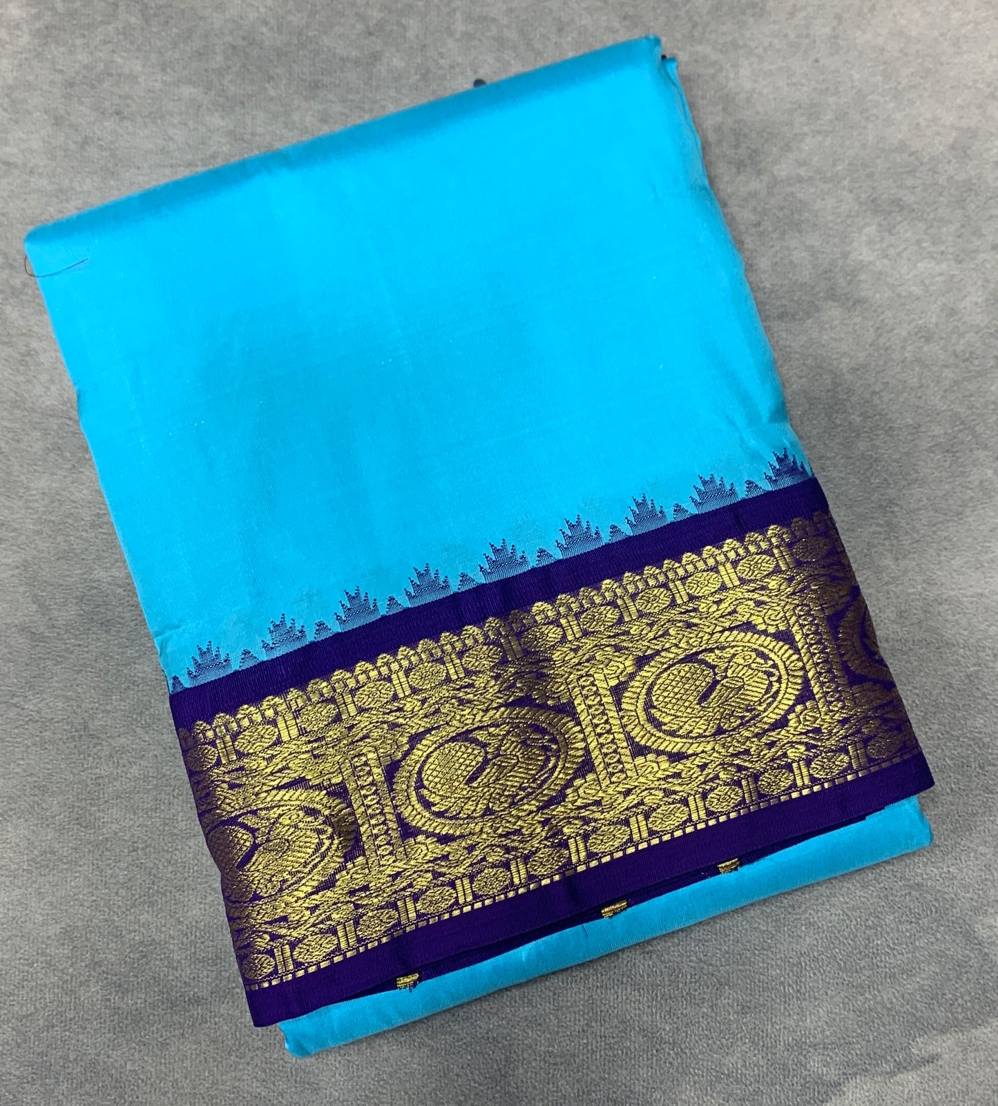 9X5 Pure Silk Dhoti Sky Blue Colour with Navy Blue and Maroon Ganga Jamuna Border