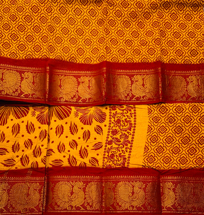 Chettinad Sungudi Cotton Mustard Colour with Maroon Border