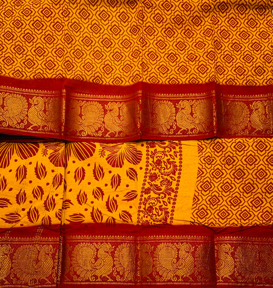 Chettinad Sungudi Cotton Mustard Colour with Maroon Border