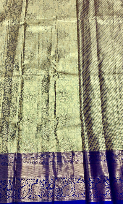 Golden Shade Soft Kanchi Tissue Pattu Saree with Blue Border