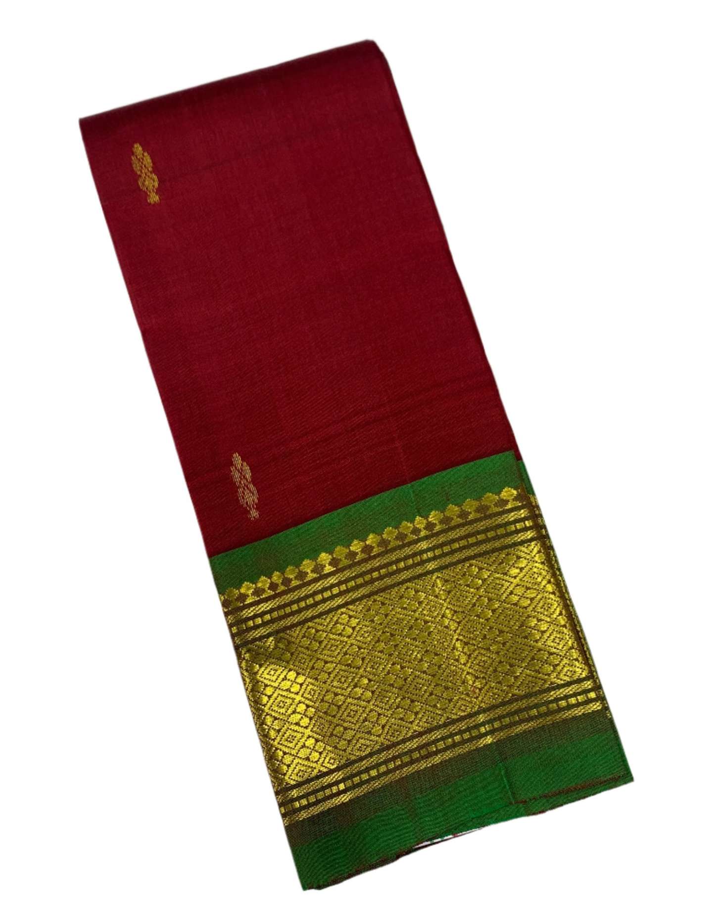 Pure Kanchipuram Silk Saree Maroon shade with Green and Golden Zari Border