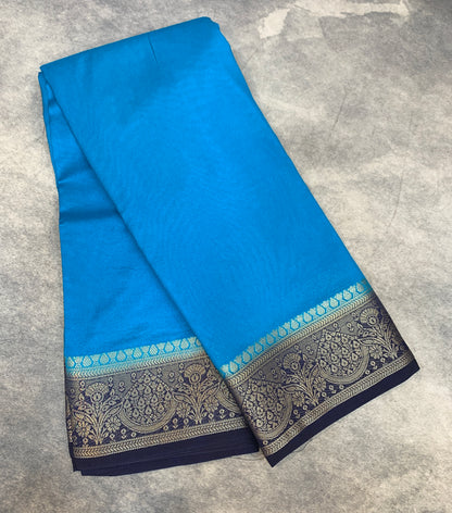 Crepe Saree Sky Blue Colour with Navy Blue Border
