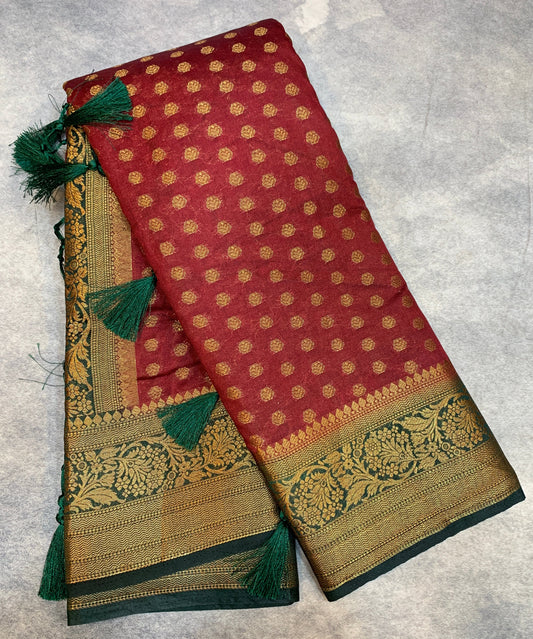 Crepe Saree Maroon Colour with Green Border