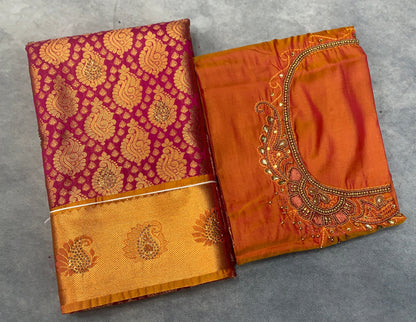 Bridal Vegan Silk Saree Pink shade with Golden Yellow Border with Unstitched blouse in Aari work