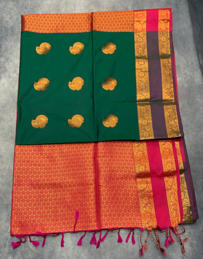 Soft Vegan Silk Saree Green Colour with Rettai Pettu Border