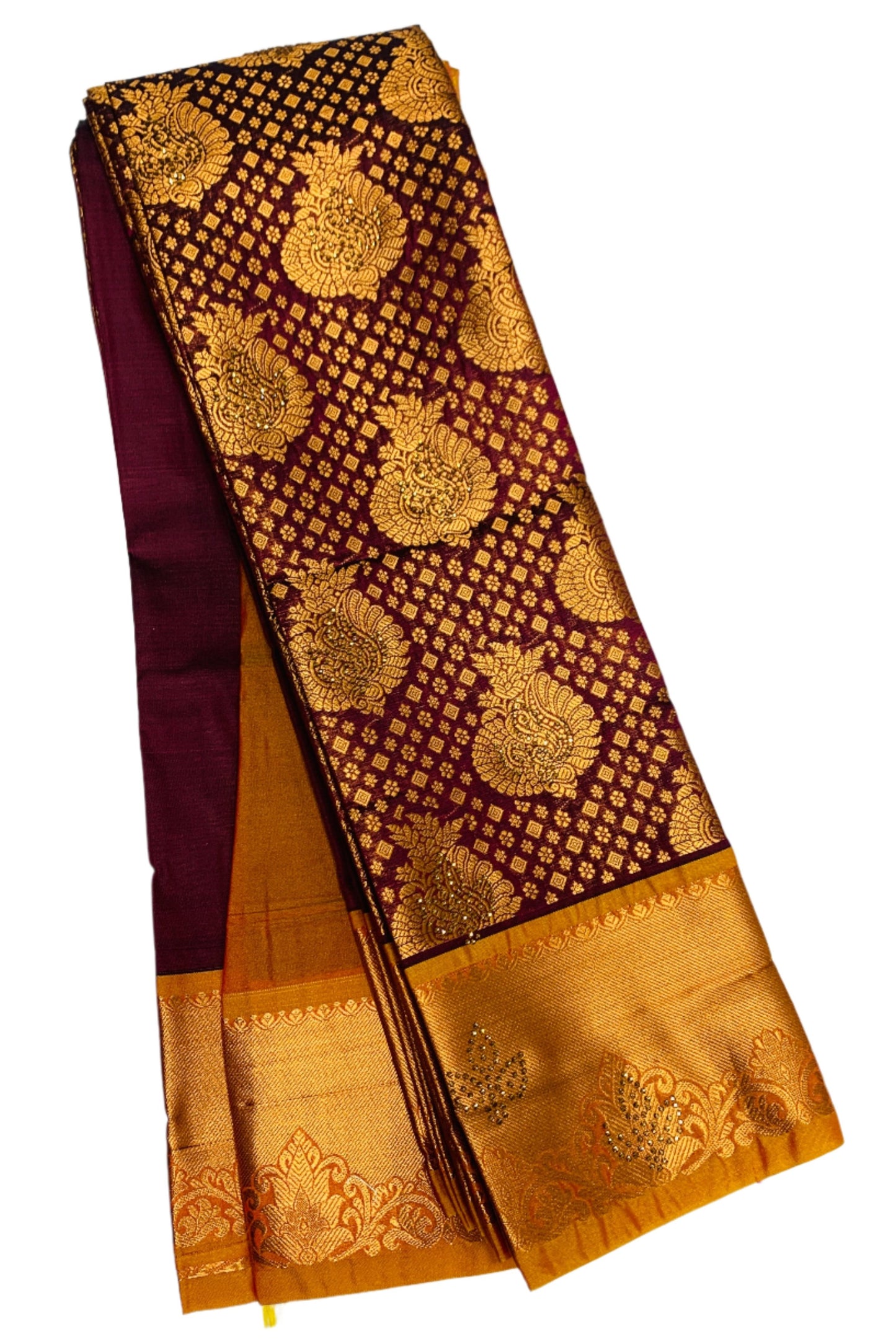 Vegan Silk Saree Maroon Colour with Copper and Golden Yellow Border