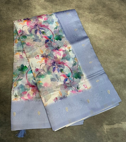 Digital Print Cotton Saree Light Blue Colour with Floral Pattern