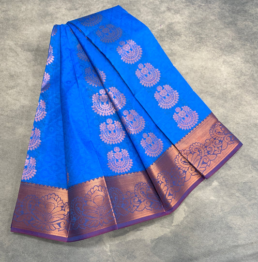 Vegan Silk Saree Royal Blue Colour Saree with Copper and Floral Design