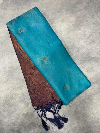 Soft Silk Saree Sky Blue Colour and Stone Work with Navy Blue Colour Pallu