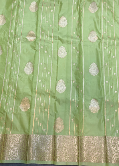 Soft Silk Casual Saree Pista Green with Sliver Zari Border