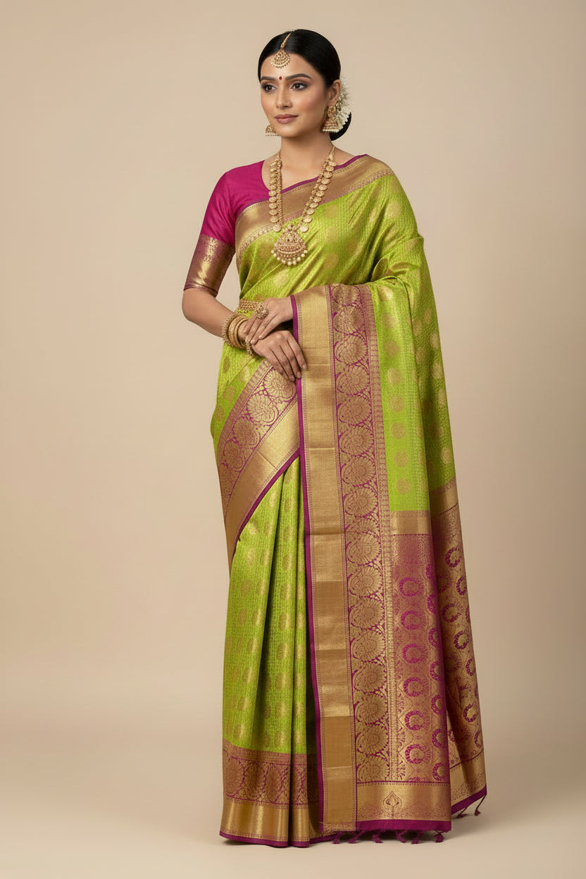 Vegan Silk Saree Lime Green Colour with Pink and Copper Border