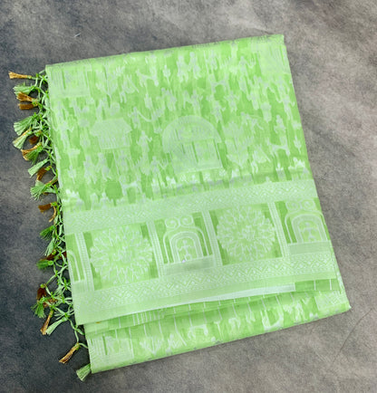 Banaras Katan Saree Apple Green Colour with Katan Work Border