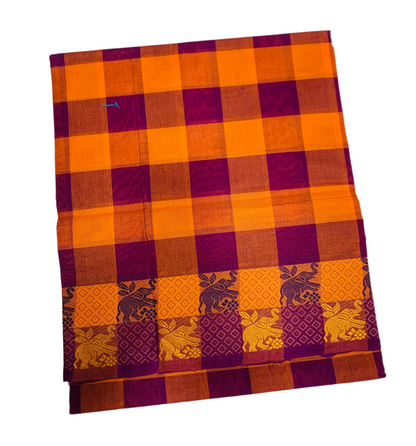 Chettinad Cotton Saree Orange and Magenta with Checked Design