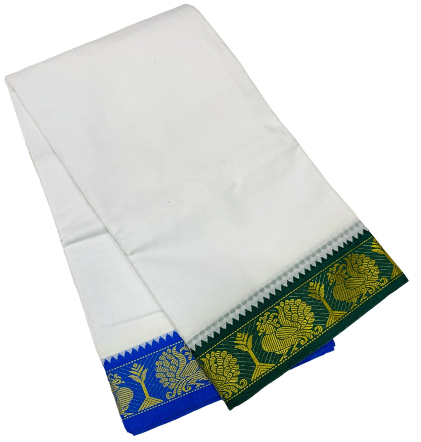 9X5 Cotton Dhoti White Colour with Green and Blue Border