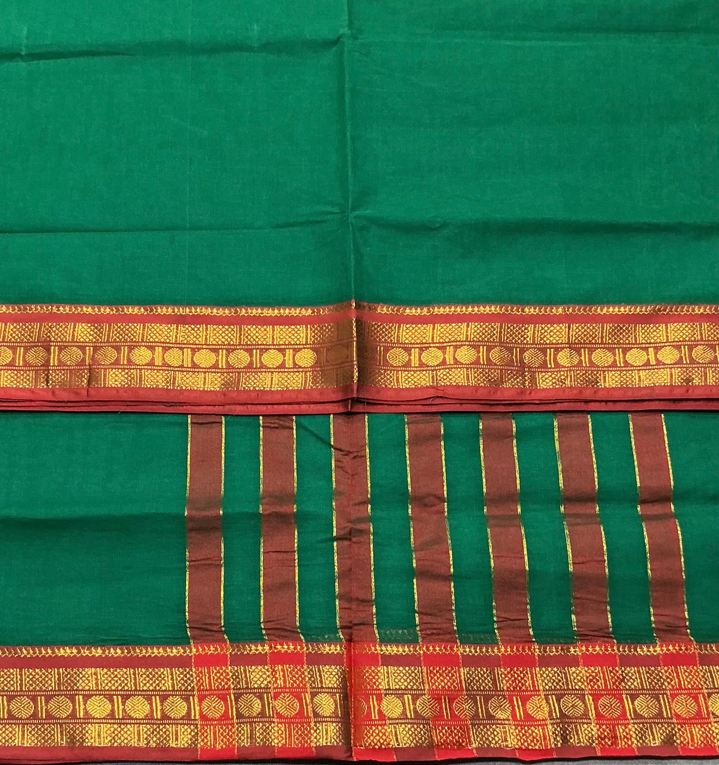 Chettinad Cotton Saree Leaf Green Colour with Red Colour with Zari Work Border