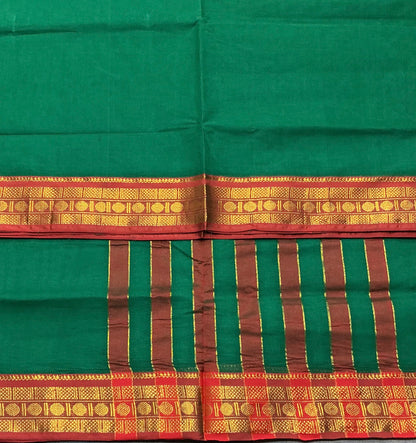 Chettinad Cotton Saree Leaf Green Colour with Red Colour with Zari Work Border