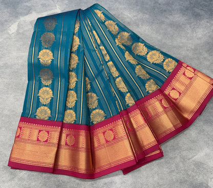 Vegan Silk Saree Peacock Blue Colour Saree with Dark Pink Colour Contrast Border