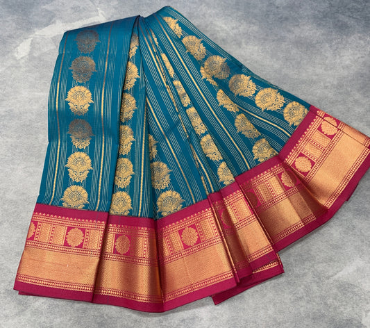 Vegan Silk Saree Peacock Blue Colour Saree with Dark Pink Colour Contrast Border