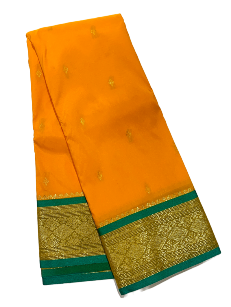 Mango Yellow shade saree with Golden and Green Border